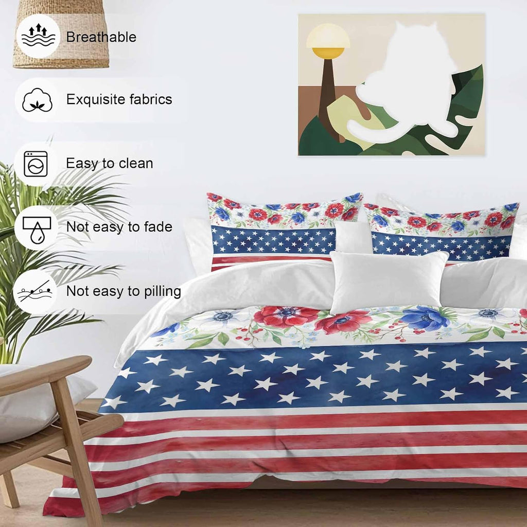 Independence Day Duvet Cover Set Queen Size 4 Pieces American Flag Red Blue Poppy Flower Country Bedding Set with Zipper Closure, 1 Comforter Cover 86x86 Inches 1 Flat Sheet & 2 Pillow Cases