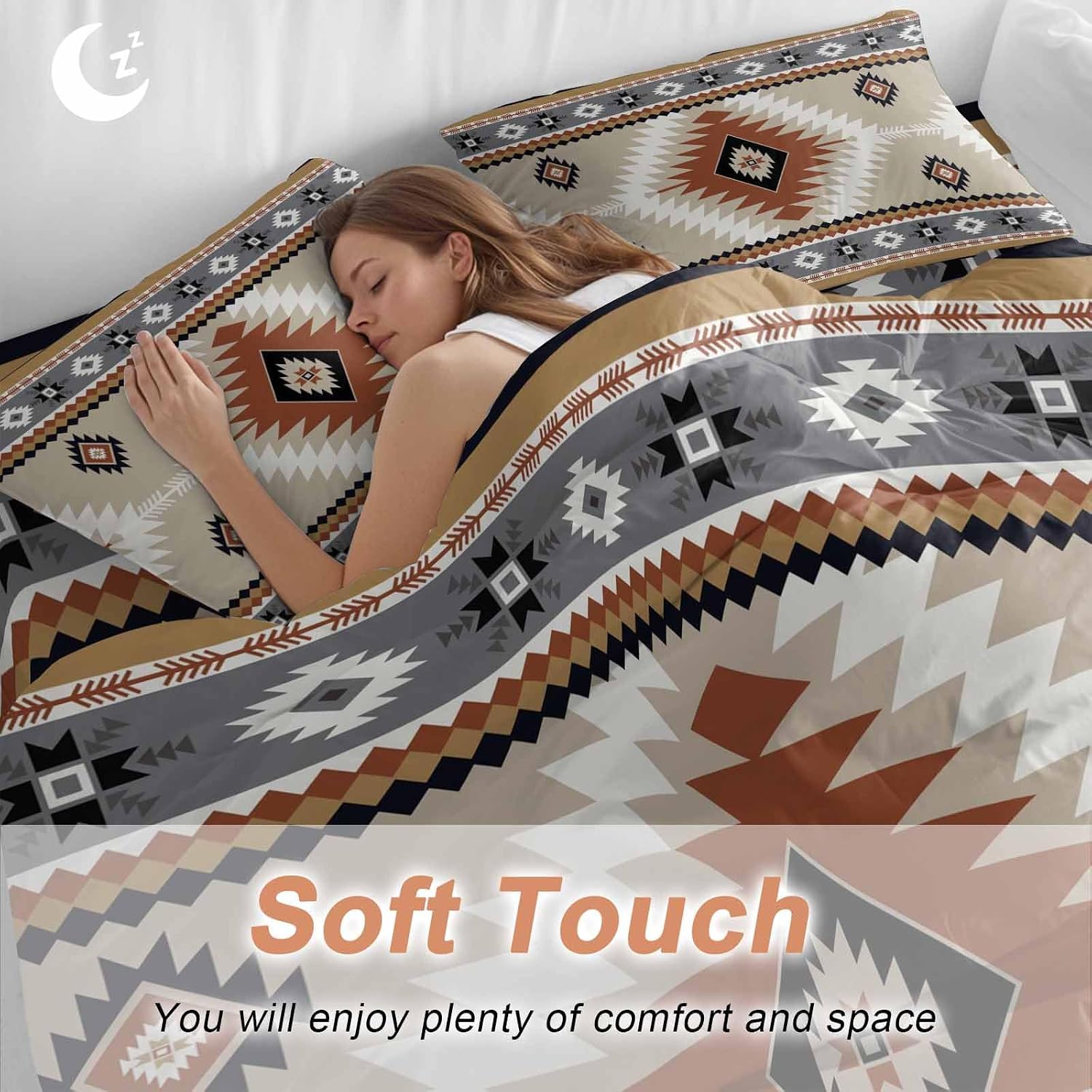 Aztec Southwestern Duvet Cover Set Queen Size 4 Pieces Ethnic Tribal Style Geometric Orange Khaki Bedding Set with Zipper Closure, 1 Comforter Cover 90x92 Inches 1 Flat Sheet & 2 Pillow Cases
