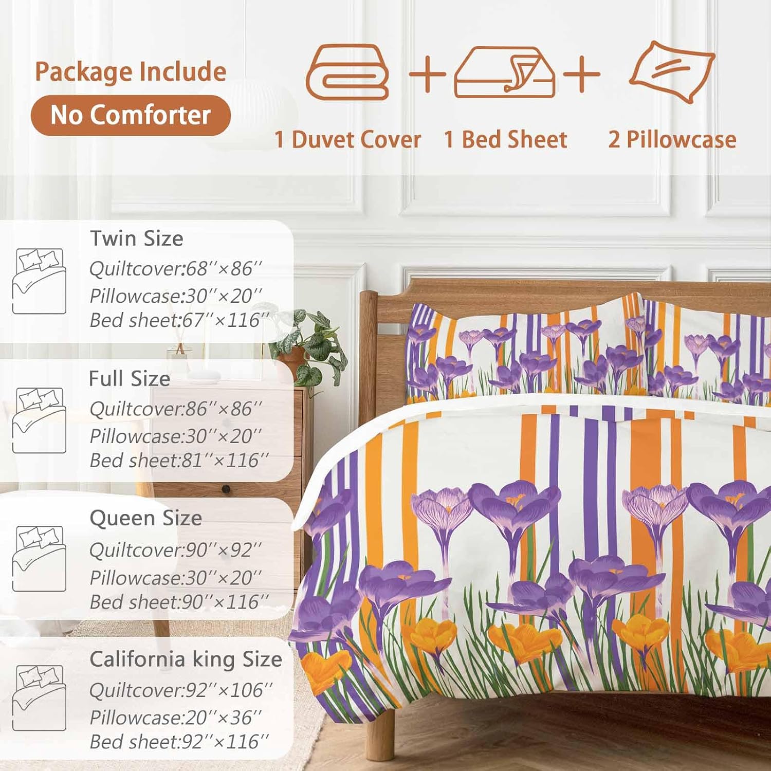 Spring Floral Duvet Cover Set Queen Size 4 Pieces Purple Yellow Gradient Flowers Colorful Stripe Bedding Set with Zipper Closure, 1 Comforter Cover 92x106 Inches 1 Flat Sheet & 2 Pillow Cases