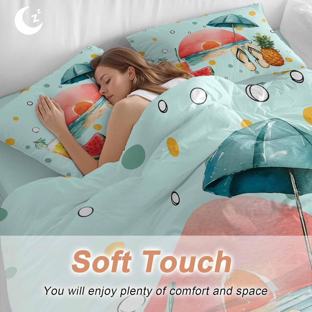 Summer Beach Duvet Cover Set Queen Size 4 Pieces Watermelon Pineapple Umbrella Polka Dot Blue Bedding Set with Zipper Closure, 1 Comforter Cover 92x106 Inches 1 Flat Sheet & 2 Pillow Cases