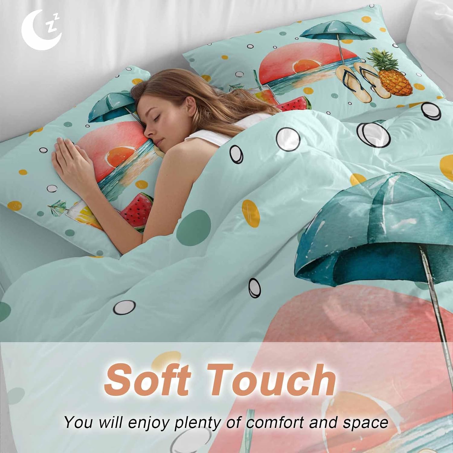 Summer Beach Duvet Cover Set Queen Size 4 Pieces Watermelon Pineapple Umbrella Polka Dot Blue Bedding Set with Zipper Closure, 1 Comforter Cover 90x92 Inches 1 Flat Sheet & 2 Pillow Cases