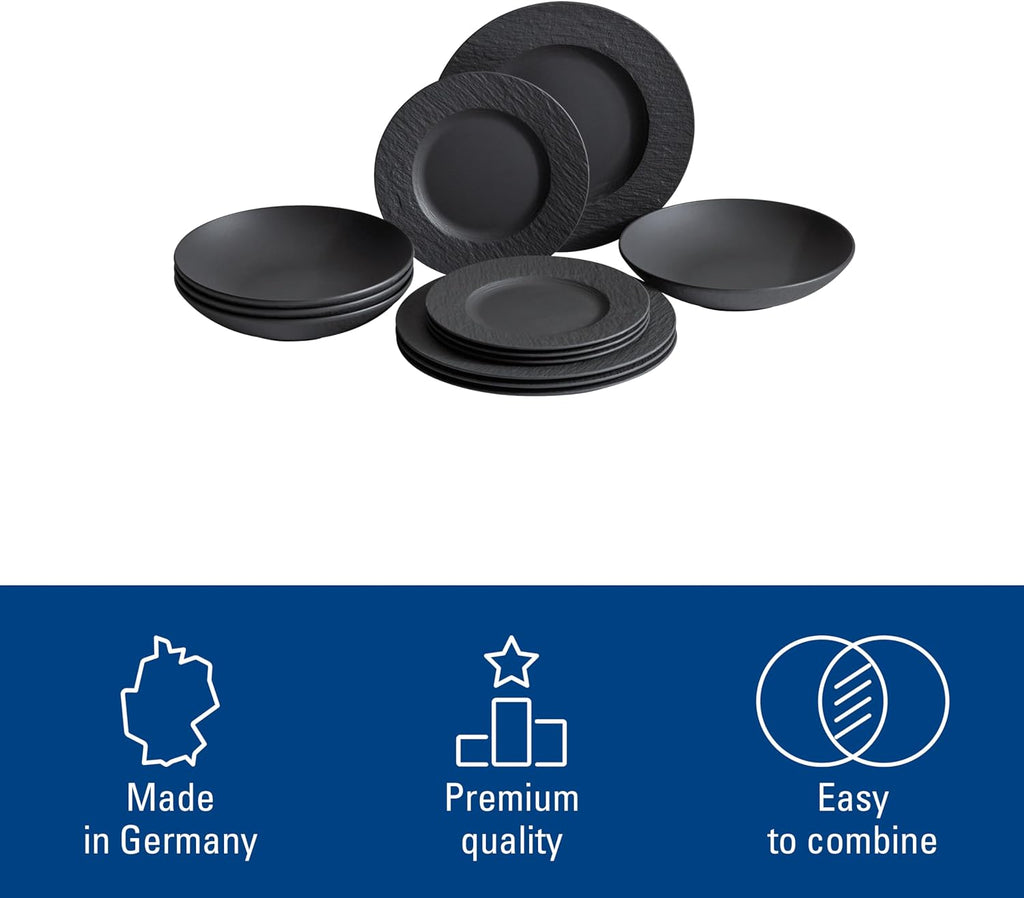 Villeroy & Boch Manufacture Rock 12-Piece Dinnerware Set, Service for 4, Dinner Plates, Salad Plates & Pasta Bowls, Premium Porcelain, Made in Germany, Matte Black