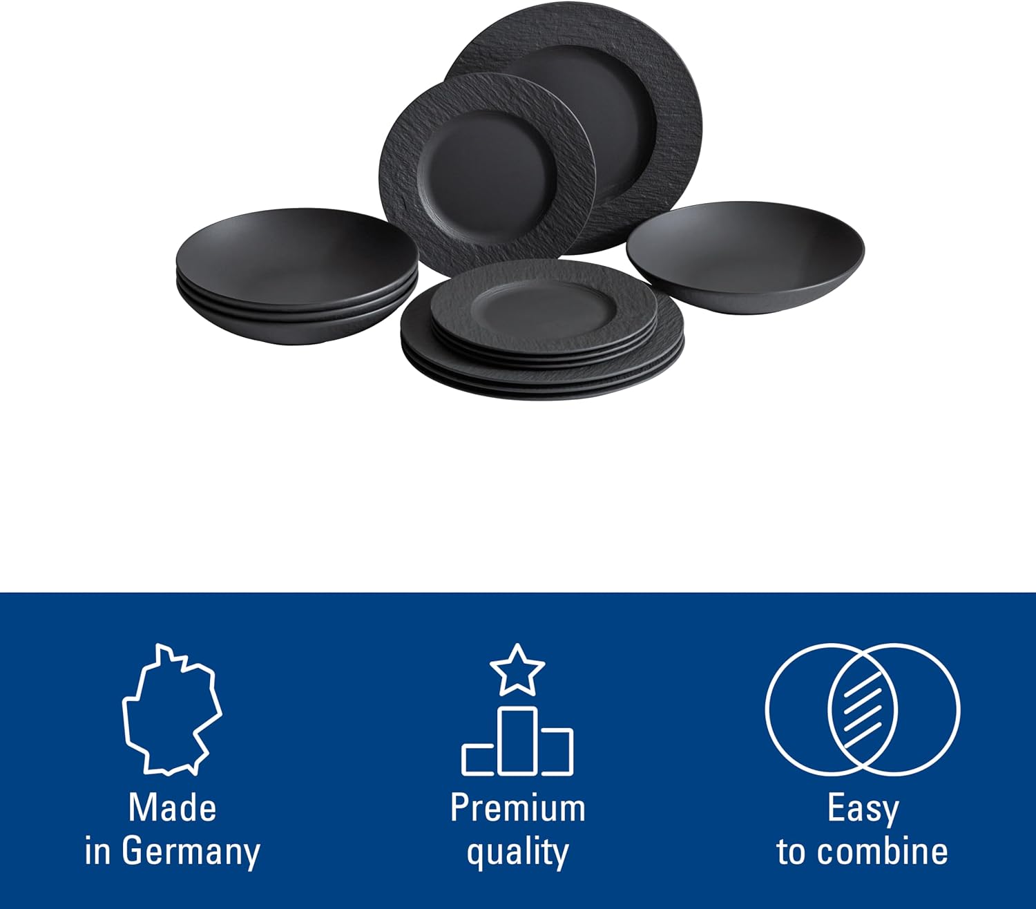 Villeroy & Boch Manufacture Rock 12-Piece Dinnerware Set, Service for 4, Dinner Plates, Salad Plates & Pasta Bowls, Premium Porcelain, Made in Germany, Matte Black