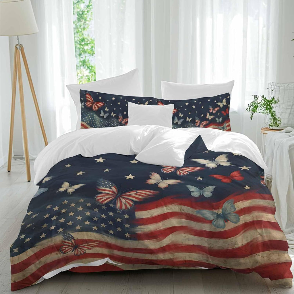 4th of July Duvet Cover Set Queen Size 4 Pieces Independence Day Patriotic Butterfly American Flag Bedding Set with Zipper Closure, 1 Comforter Cover 86x86 Inches 1 Flat Sheet & 2 Pillow Cases