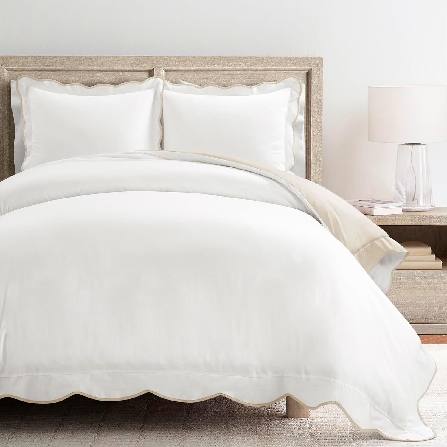 Lush Decor Coastal Chic Scalloped Edge Cotton Duvet Cover Set, 3 Piece Set, King, Neutral & White - King Bedding Set - White Duvet Cover King - Coastal Decor