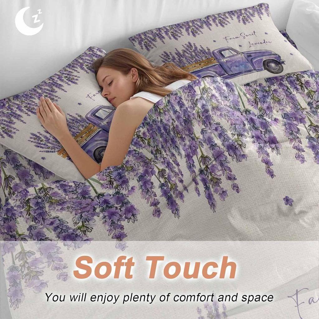 Purple Floral Duvet Cover Set Queen Size 4 Pieces Farm Sweet Lavender Truck Rustic Linen Texture Bedding Set with Zipper Closure, 1 Comforter Cover 86x86 Inches 1 Flat Sheet & 2 Pillow Cases