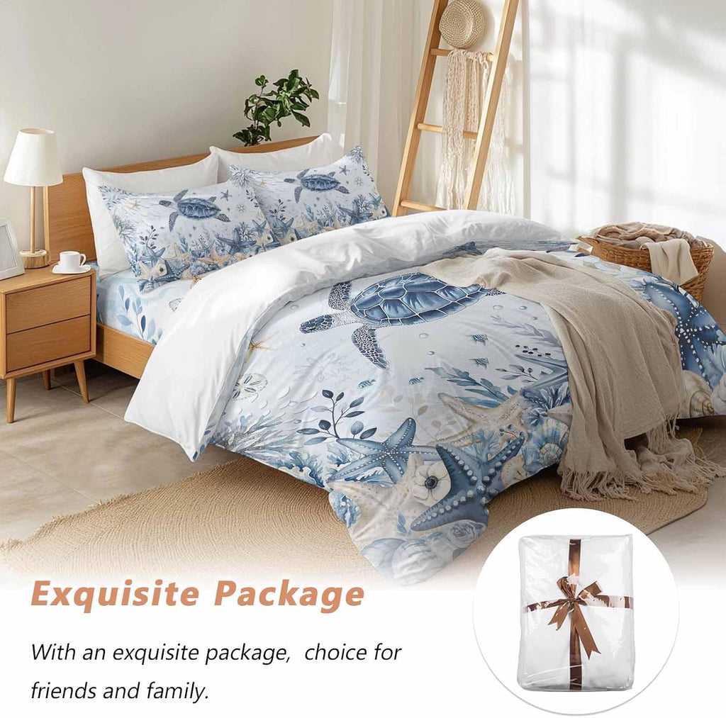 Prime Leader Ocean Turtles Duvet Cover Set Queen Size 4 Pieces Blue Yellow Sea Star Shell Coral Blue Bedding Set with Zipper Closure, 1 Comforter Cover 86x86 Inches 1 Flat Sheet & 2 Pillow Cases
