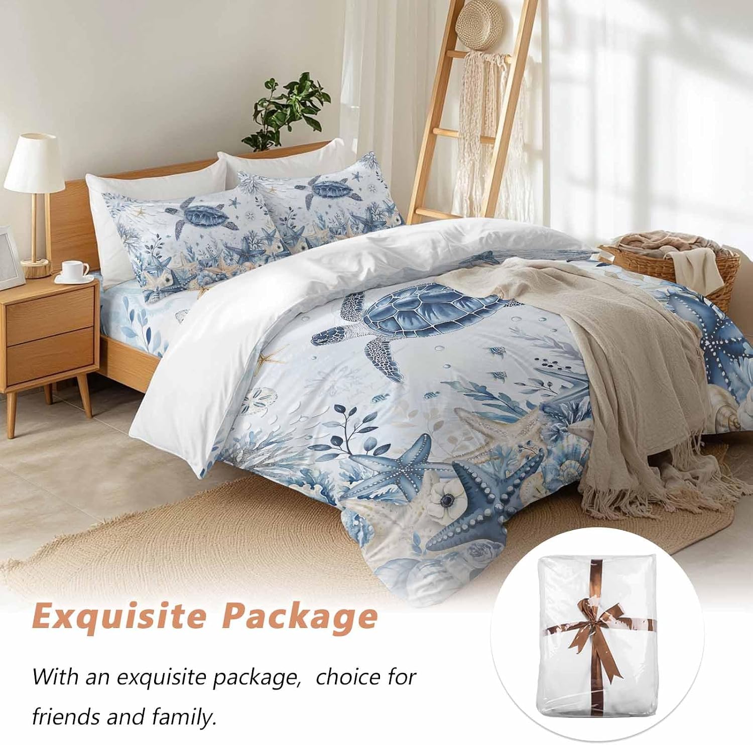 Prime Leader Ocean Turtles Duvet Cover Set Queen Size 4 Pieces Blue Yellow Sea Star Shell Coral Blue Bedding Set with Zipper Closure, 1 Comforter Cover 86x86 Inches 1 Flat Sheet & 2 Pillow Cases