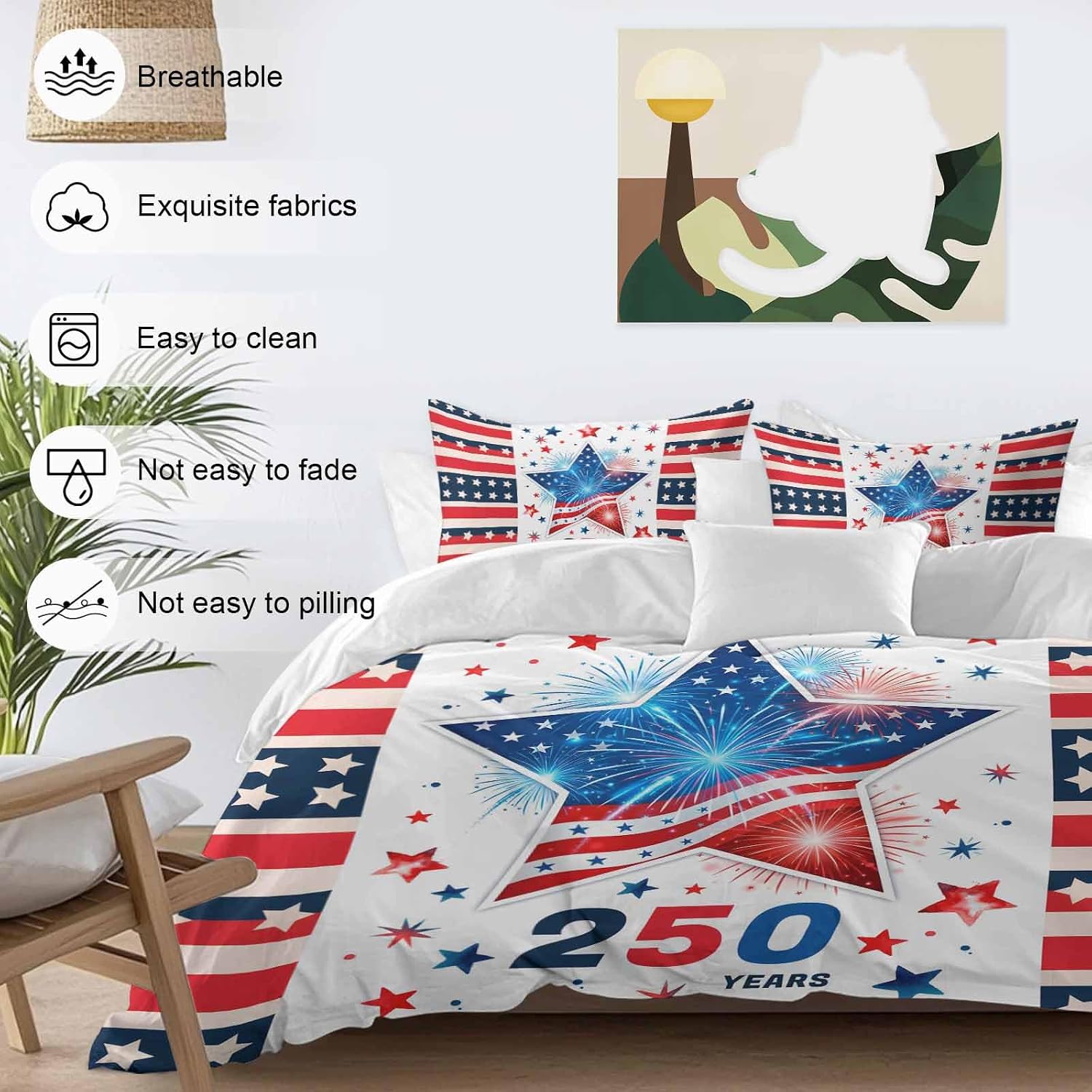 Independence Day Duvet Cover Set Queen Size 4 Pieces 250th Years US Flag Red Blue Star Fireworks Bedding Set with Zipper Closure, 1 Comforter Cover 86x86 Inches 1 Flat Sheet & 2 Pillow Cases