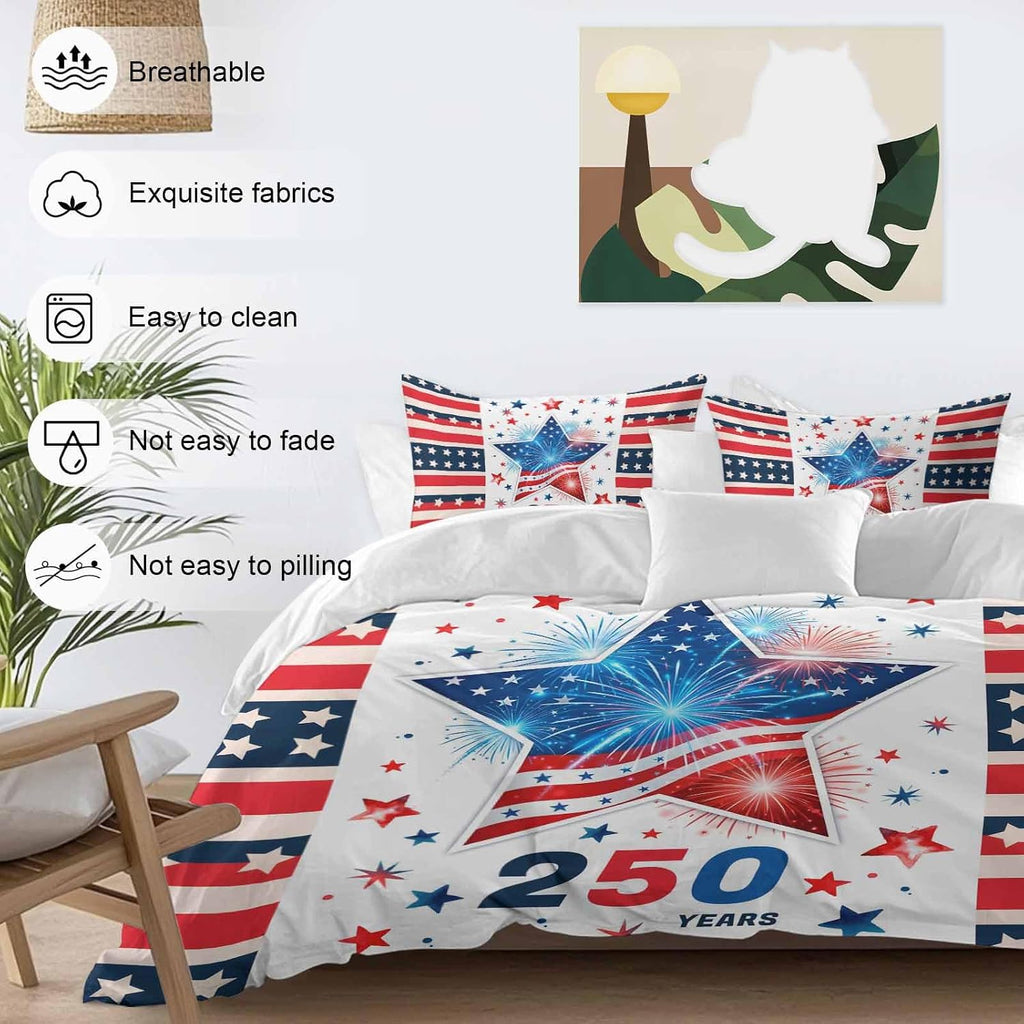 Independence Day Duvet Cover Set Queen Size 4 Pieces 250th Years US Flag Red Blue Star Fireworks Bedding Set with Zipper Closure, 1 Comforter Cover 92x106 Inches 1 Flat Sheet & 2 Pillow Cases
