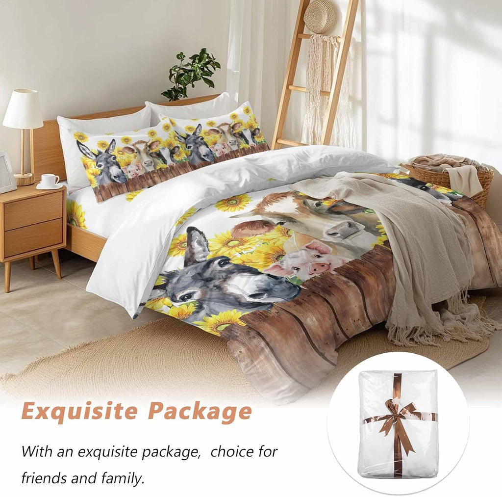 Farm Animal Duvet Cover Set Queen Size 4 Pieces Vintage Farmhouse Donkey Pig Cow Sunflower Leaf Wood Fence Bedding Set with Zipper Closure, 1 Comforter Cover 86x86 Inches 1 Flat Sheet & 2 Pillow Cases