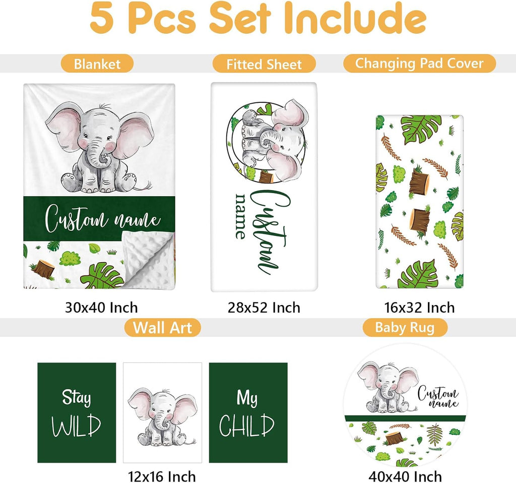 Terwex Personalized Baby Crib Set, 5 Pcs Baby Boy Crib Bedding Set, Custom Name Green Elephant Baby Crib Bedding Set Neutral, Double Layer Flannel Nursery Bedding Set, Infant Toddler Customized Gift