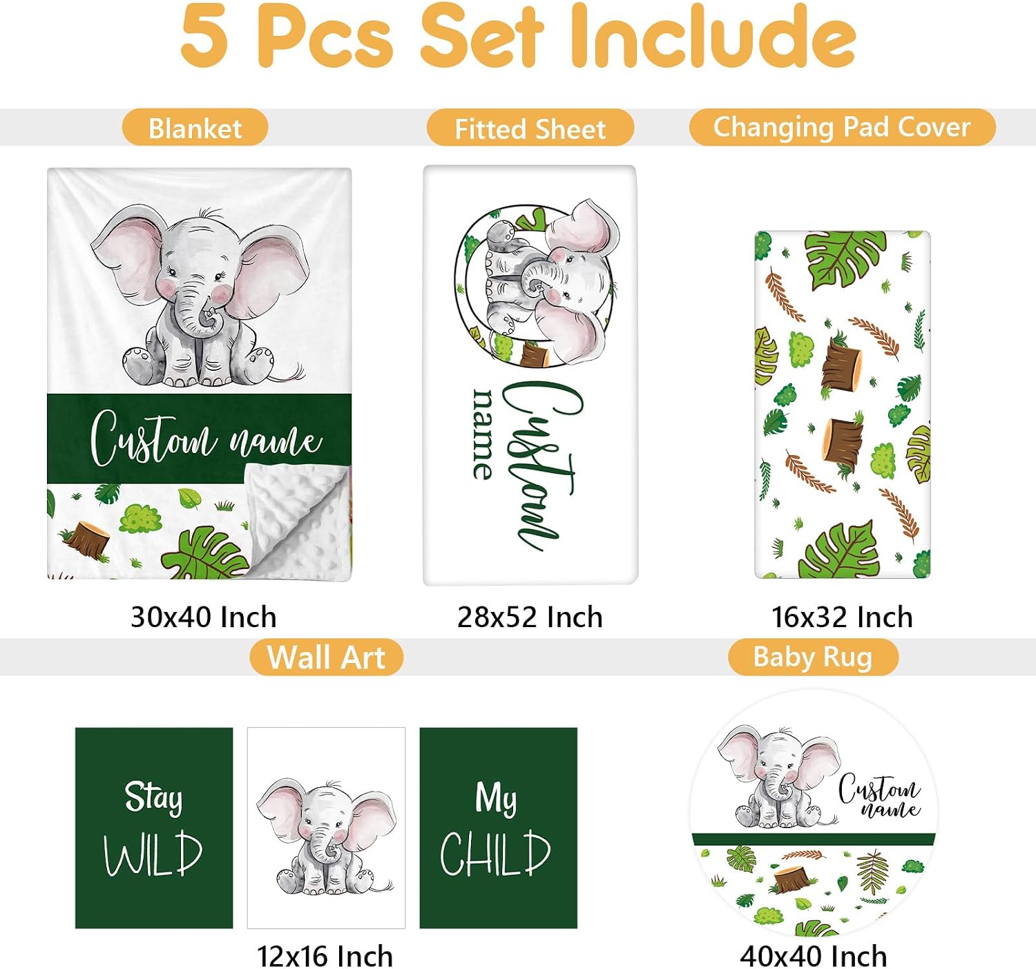 Terwex Personalized Baby Crib Set, 5 Pcs Baby Boy Crib Bedding Set, Custom Name Green Elephant Baby Crib Bedding Set Neutral, Double Layer Flannel Nursery Bedding Set, Infant Toddler Customized Gift