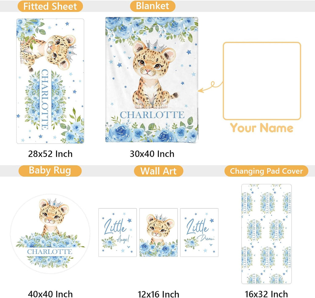 Terwex Personalized Crib Bedding Set, 5 Pcs Custom Nursery Bedding Sets with Name, Infant Bedding Set for Baby Boy Girl, Blue Leopard Double Layer Baby Crib Set, Babies Toddlers Kids Customized Gifts