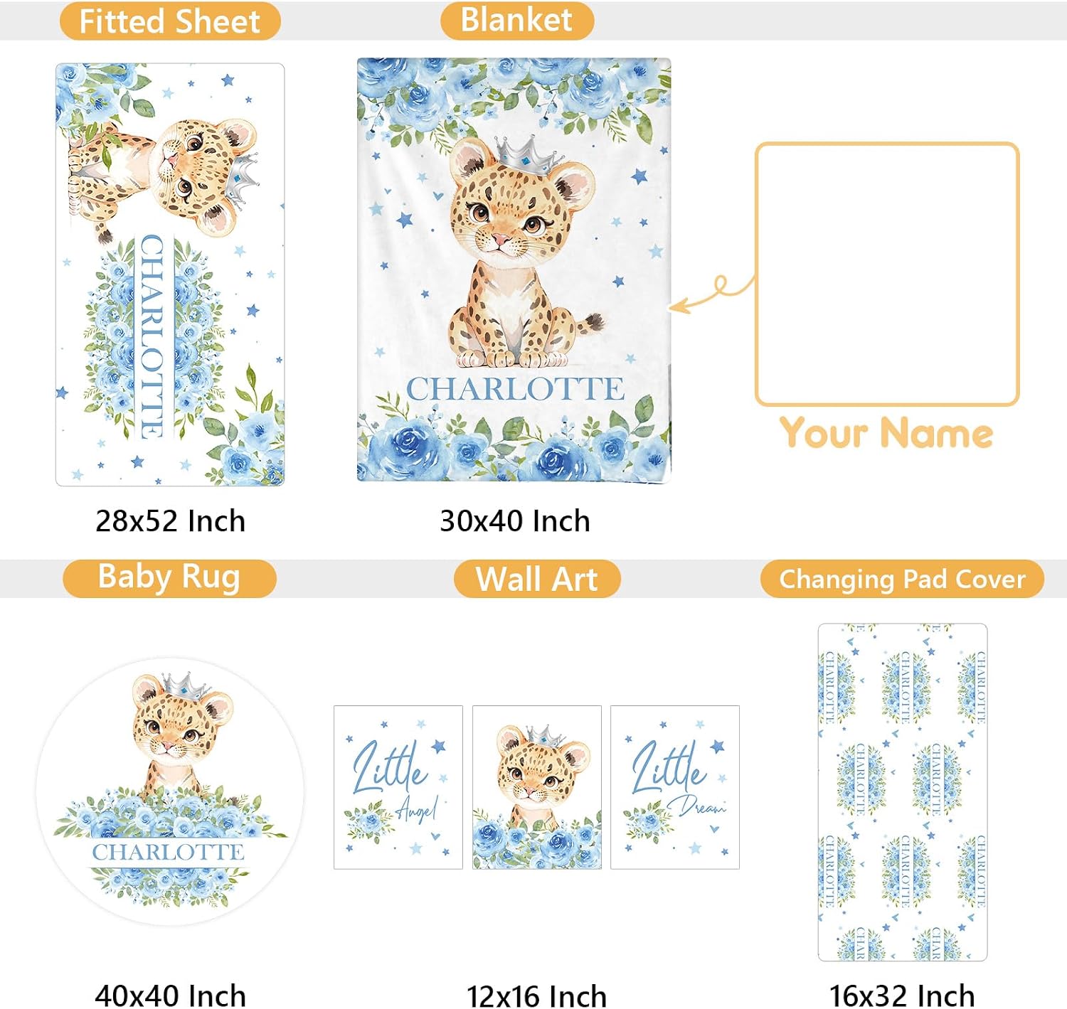 Terwex Personalized Crib Bedding Set, 5 Pcs Custom Nursery Bedding Sets with Name, Infant Bedding Set for Baby Boy Girl, Blue Leopard Double Layer Baby Crib Set, Babies Toddlers Kids Customized Gifts