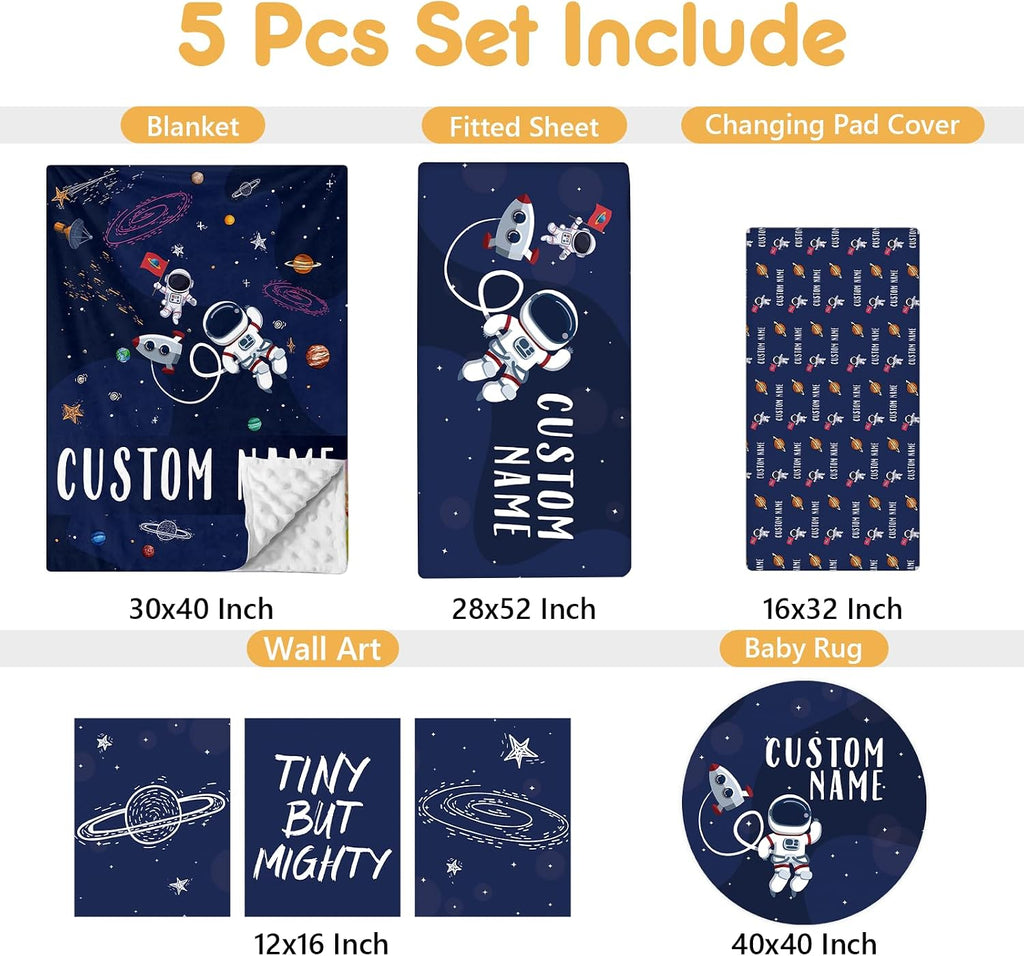 Terwex Personalized Crib Bedding Set, 5 Pcs Custom Nursery Bedding Sets with Name, Infant Bedding Set for Baby Boys, Blue Astronaut Double Layer Baby Crib Set, Babies Toddlers Kids Customized Gifts