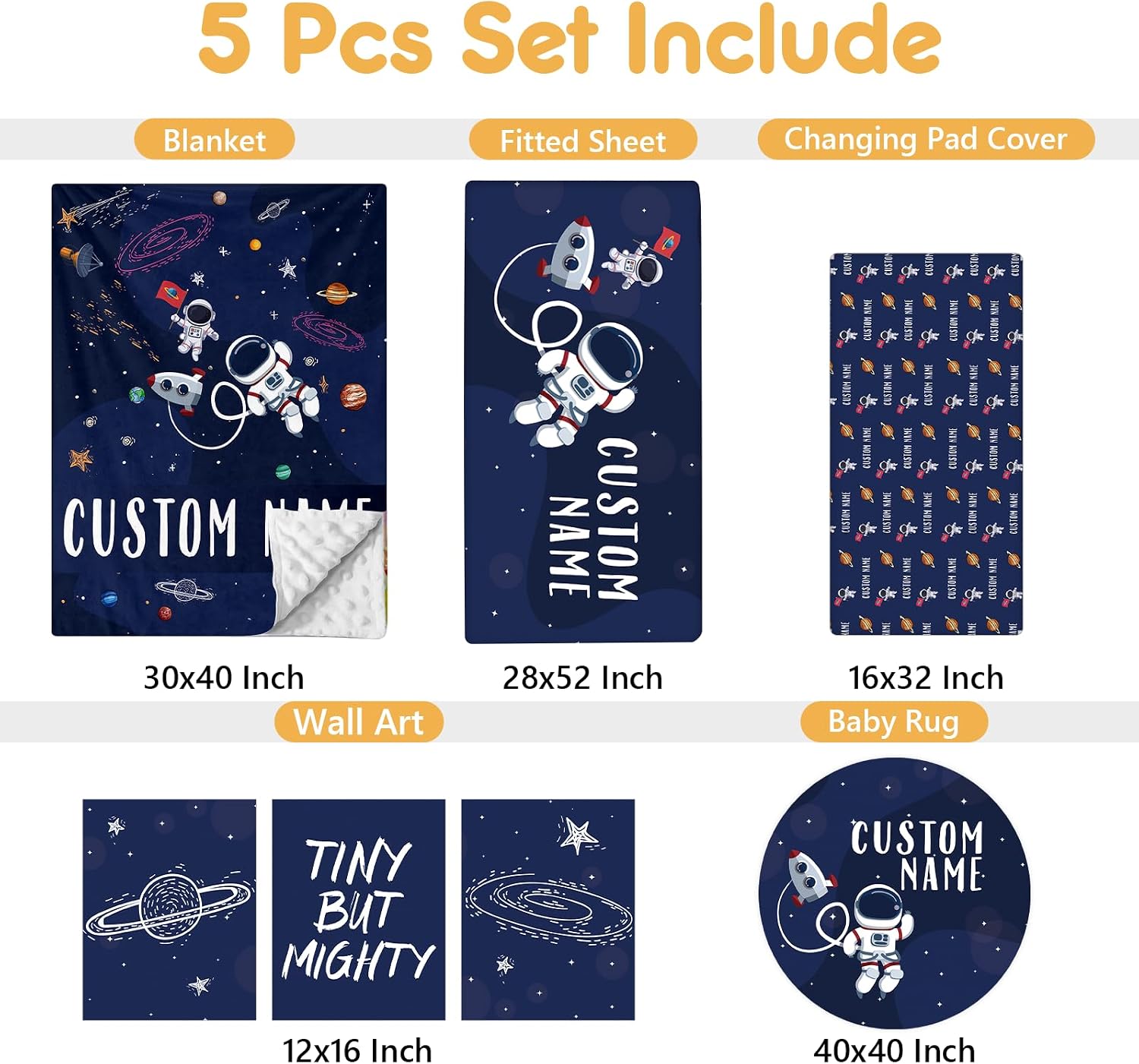 Terwex Personalized Crib Bedding Set, 5 Pcs Custom Nursery Bedding Sets with Name, Infant Bedding Set for Baby Boys, Blue Astronaut Double Layer Baby Crib Set, Babies Toddlers Kids Customized Gifts