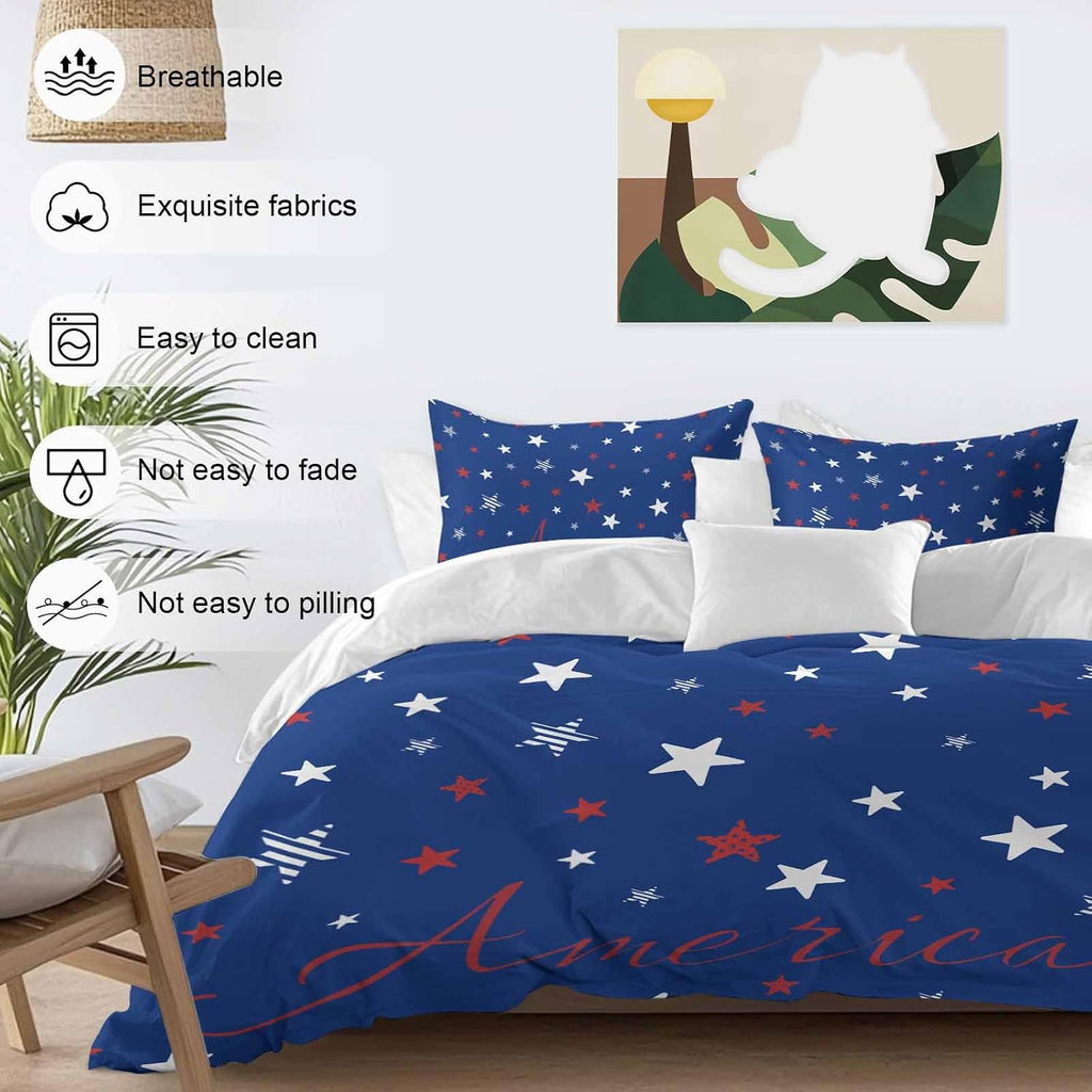 Independence Day Duvet Cover Set Queen Size 4 Pieces Blue White Pentagram America Blue Background Bedding Set with Zipper Closure, 1 Comforter Cover 90x92 Inches 1 Flat Sheet & 2 Pillow Cases