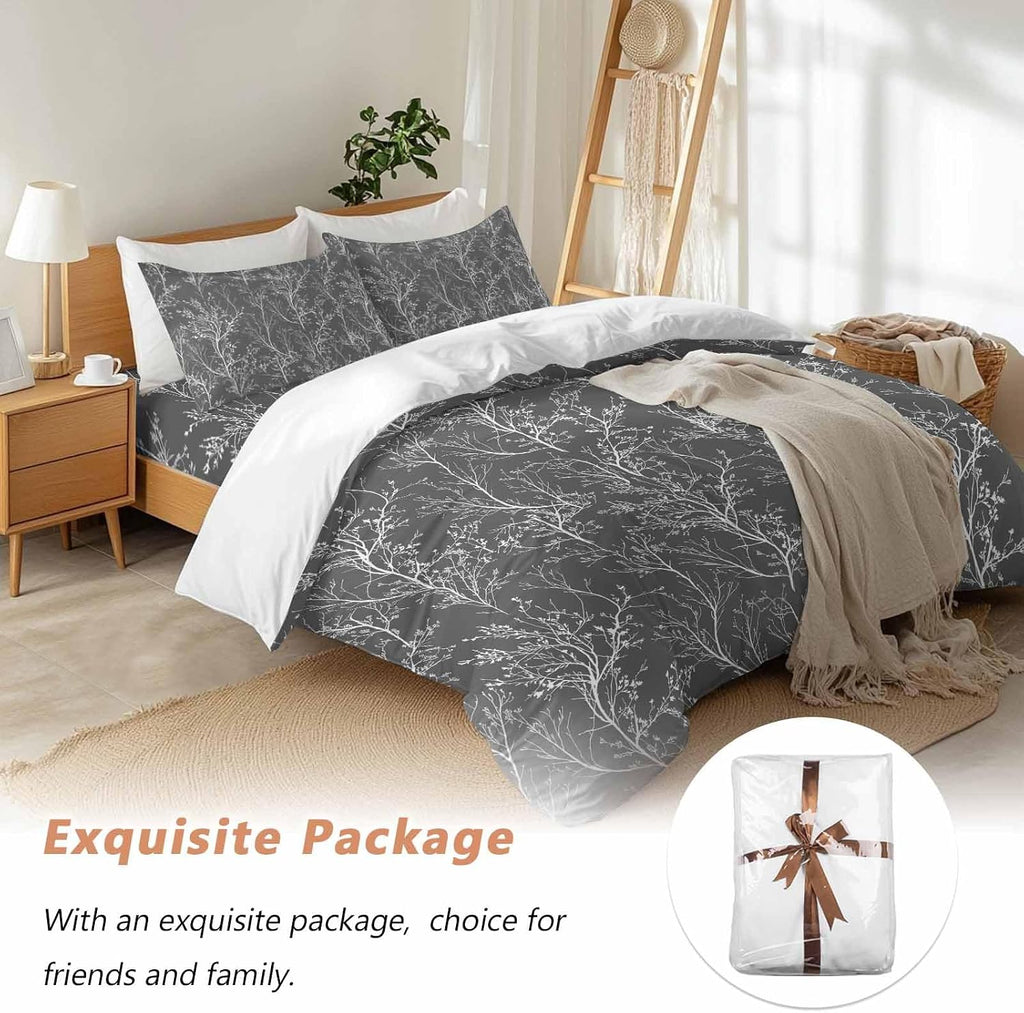 Dark Grey Duvet Cover Set Queen Size 4 Pieces White Tree Branch Botanical Abstract Plant Leaves Bedding Set with Zipper Closure, 1 Comforter Cover 90x92 Inches 1 Flat Sheet & 2 Pillow Cases