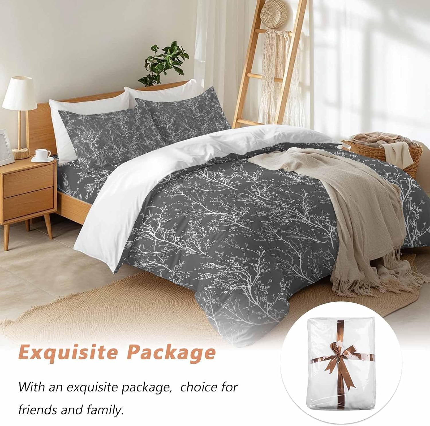 Dark Grey Duvet Cover Set Queen Size 4 Pieces White Tree Branch Botanical Abstract Plant Leaves Bedding Set with Zipper Closure, 1 Comforter Cover 90x92 Inches 1 Flat Sheet & 2 Pillow Cases