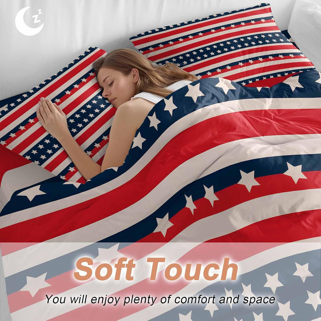 Prime Leader Independence Day Duvet Cover Set Queen Size 4 Pieces Vintage Classic Red White Blue Stripes Bedding Set with Zipper Closure, 1 Comforter Cover 92x106 Inches 1 Flat Sheet & 2 Pillow Cases