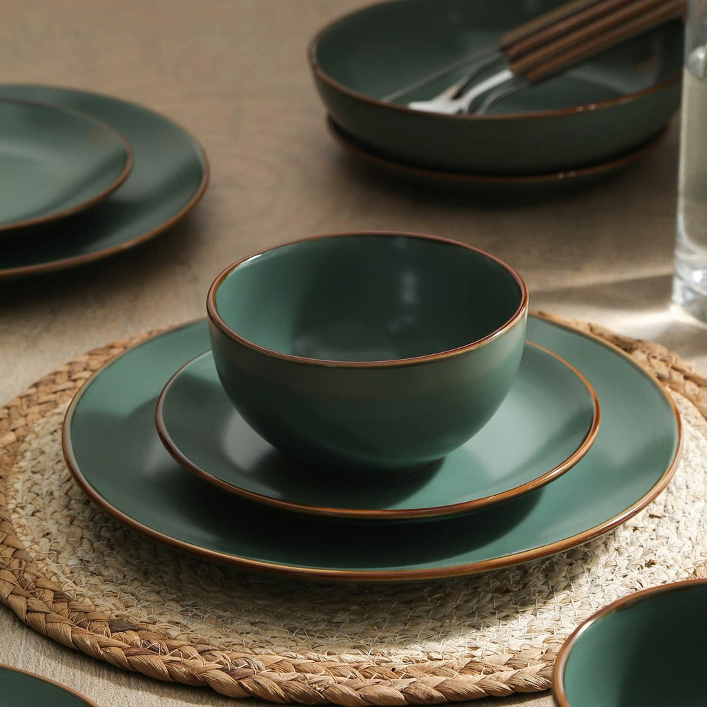 Stone Lain Brasa Stoneware 32 Piece Modern Dinnerware Sets, Plates and Bowls, Service for 8, Green, Microwave & Dishwasher Safe