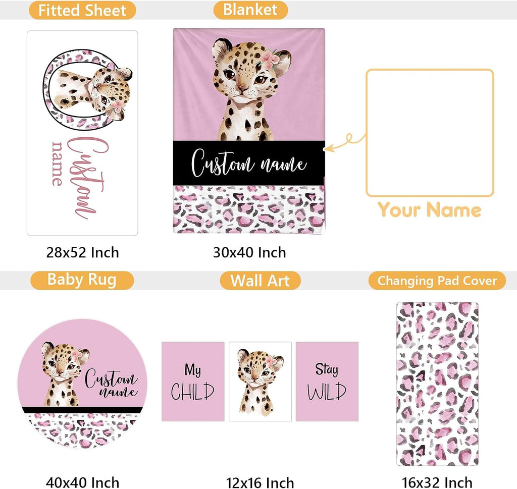 Terwex Personalized Baby Bedding Set, 5 Pcs Custom Baby Crib Sets with Name, Toddler Bedding Set for Baby Girls, Pink Leopard Double Layer Nursery Bedding Set, Customized Gifts for Infants Kids