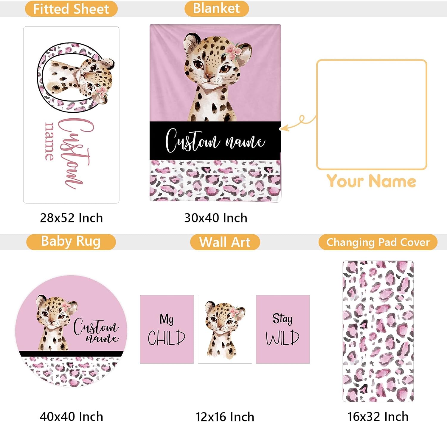 Terwex Personalized Baby Bedding Set, 5 Pcs Custom Baby Crib Sets with Name, Toddler Bedding Set for Baby Girls, Pink Leopard Double Layer Nursery Bedding Set, Customized Gifts for Infants Kids