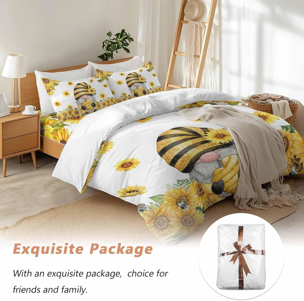 Summer Floral Duvet Cover Set Queen Size 4 Pieces Watercolor Sunflower Cartoon Gnome Farm Bee Bedding Set with Zipper Closure, 1 Comforter Cover 86x86 Inches 1 Flat Sheet & 2 Pillow Cases