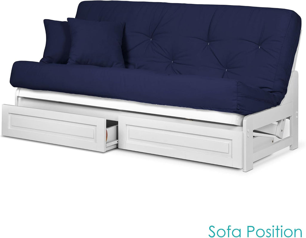 Nirvana Futons Arden White Futon with Storage Drawers Full or Queen Size - Space Saving Armless Design with Comfortable Mattress Included (Twill Navy Blue), Sofa Bed Available in