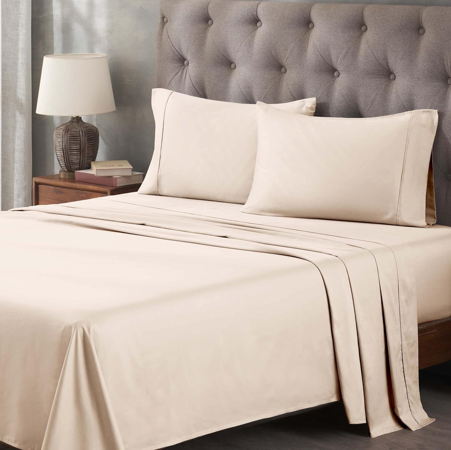 Superior Egyptian Cotton 400 Thread Count Bed Sheet Set, 1 Elastic Deep Pocket Fitted Sheet, 1 Flat Sheet, 2 Pillowcases, Soft Bedding, Luxury Sheets, Sateen Weave, Queen Size, Ivory