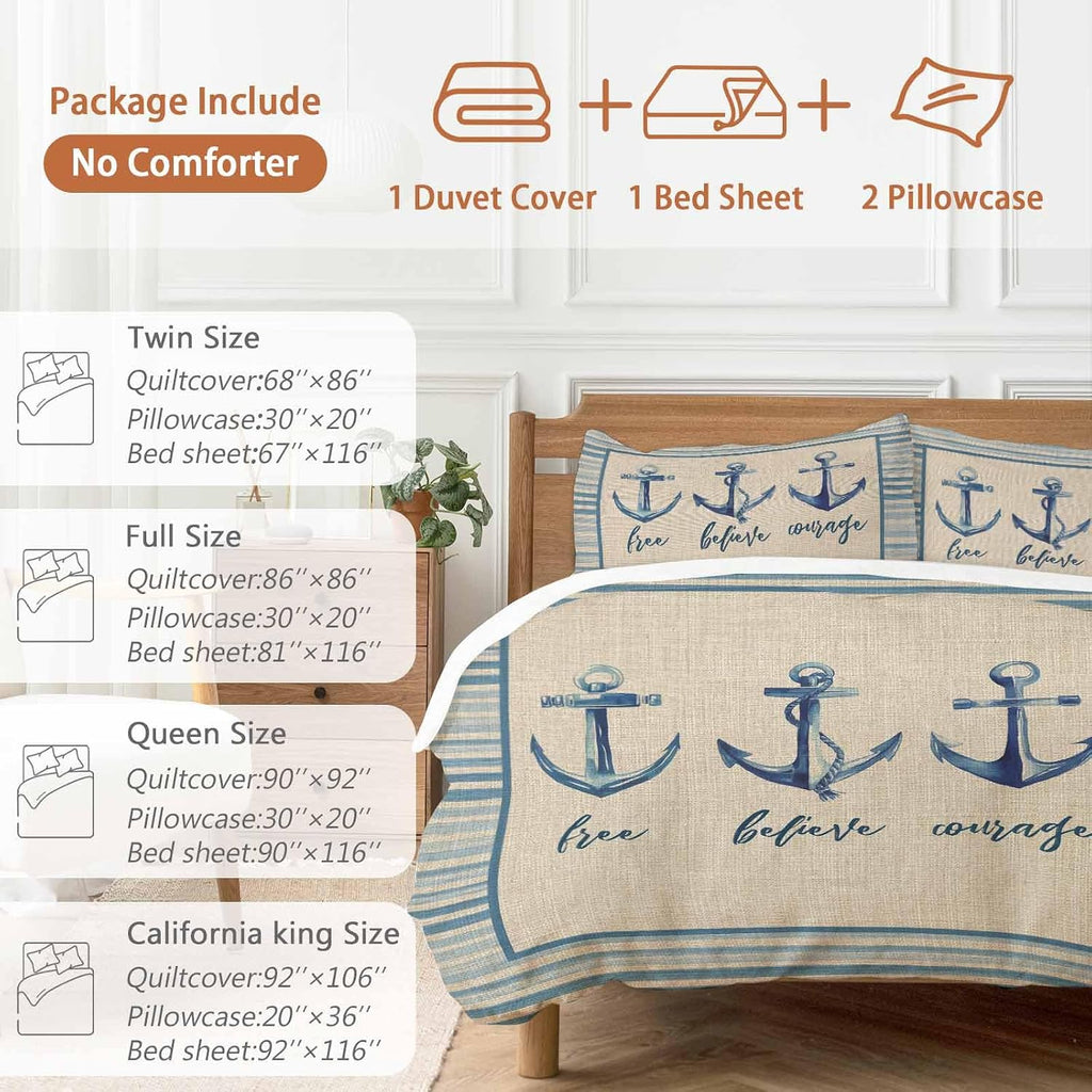 Summer Ocean Duvet Cover Set Queen Size 4 Pieces Blue Stripes Anchor Free Believe Courage Linen Bedding Set with Zipper Closure, 1 Comforter Cover 86x86 Inches 1 Flat Sheet & 2 Pillow Cases