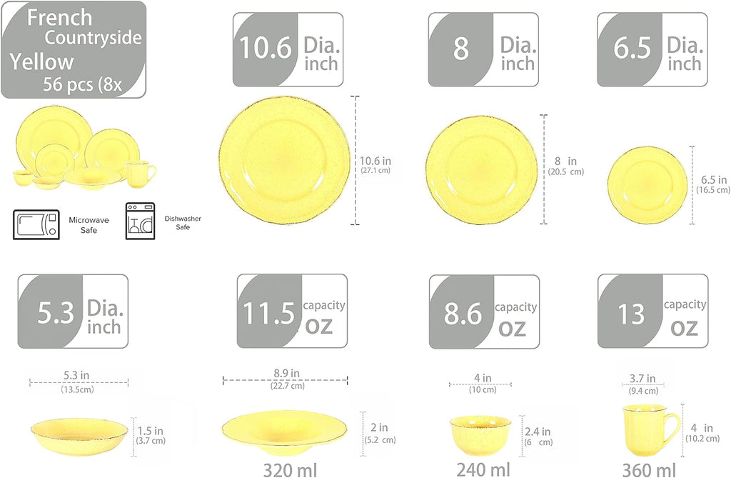 56pc Dinnerware Set, Plate and Bowl Set, Stoneware Dishes Set for 8, Microwave and Dishwahser Safe, Scratch Resistant, French Countryside Speckled Antique Yellow