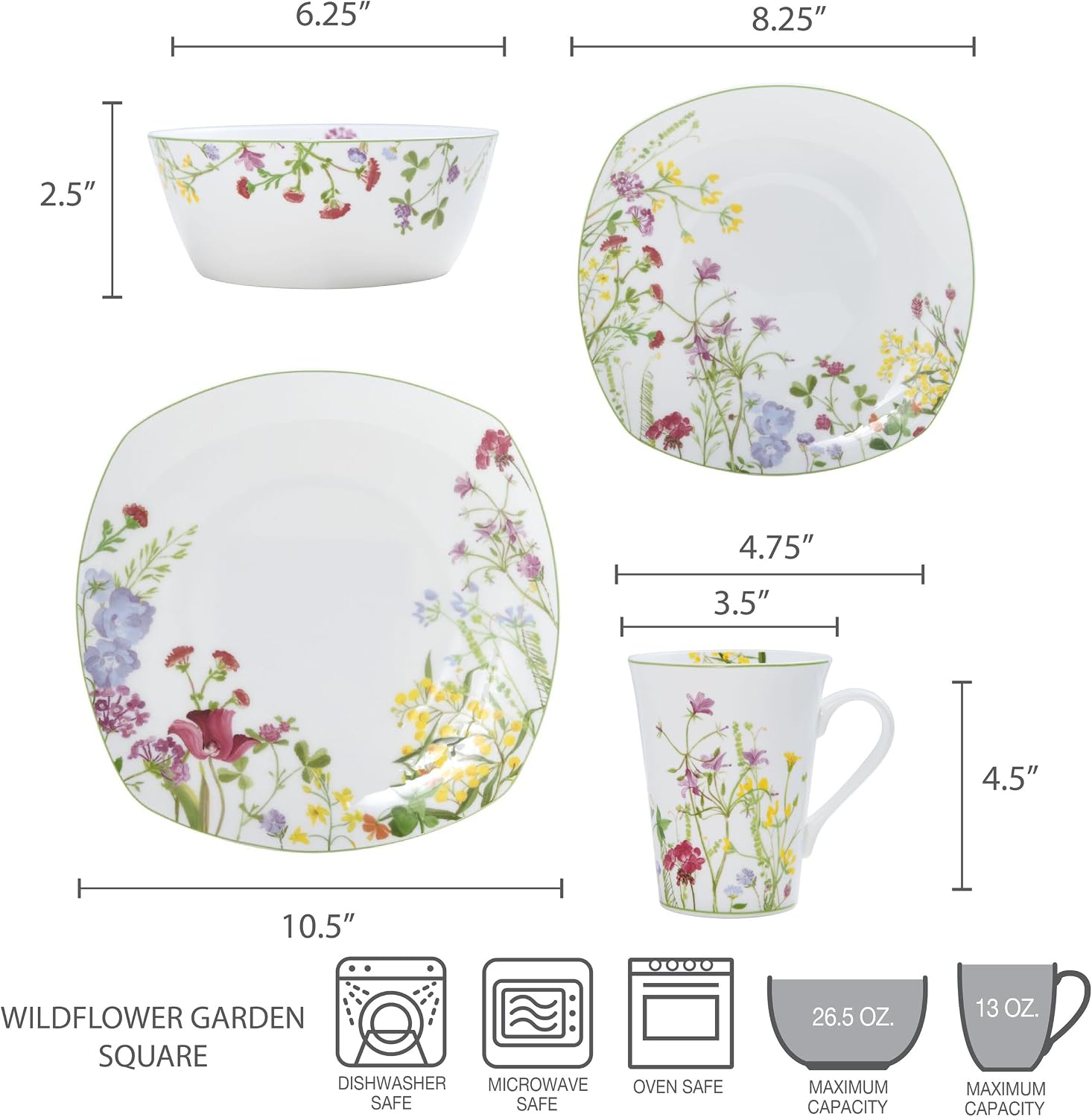 Mikasa Wildflower Garden Dinnerware Set, 16-Piece Bone China Dishes Service for 4, Square Plates and Bowls Set with Mugs, Floral Design, Dishwasher and Microwave Safe