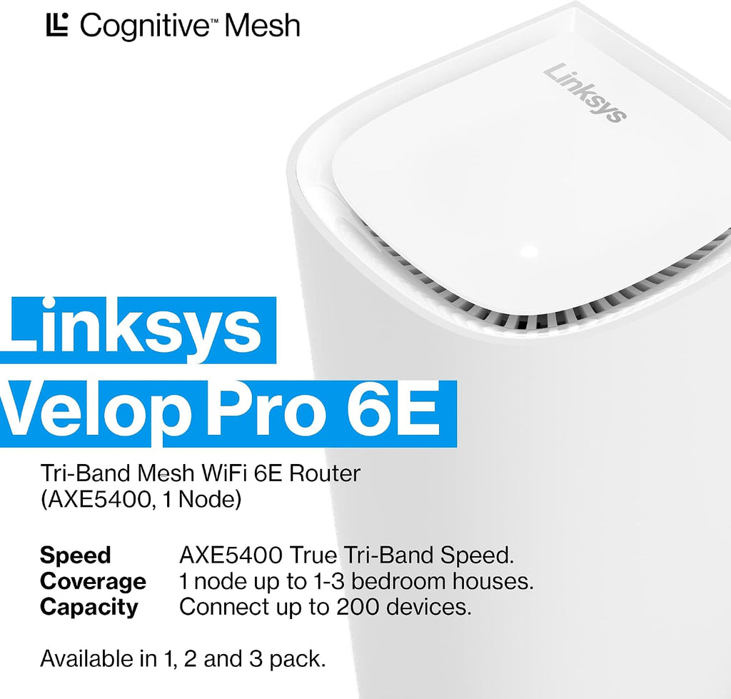 Linksys Velop Pro 6E WiFi Mesh System | One Cognitive Mesh Tri-Band router with 5.4 Gbps (AXE5400) Speed | Coverage up to 3,000 sq ft | Connect 200+ Devices | 1Pk MXEC621 | 2023 Release (Renewed)