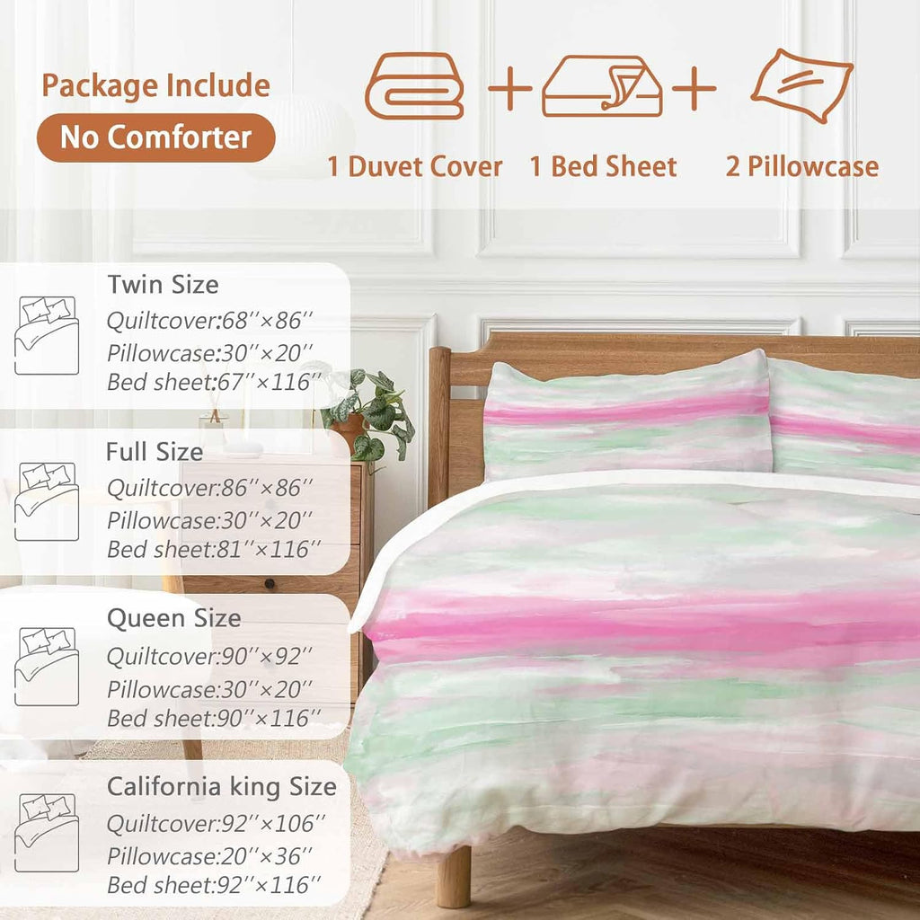 Abstract Sunset Duvet Cover Set Queen Size 4 Pieces Pink Green White Gradient Modern Oil Painting Bedding Set with Zipper Closure, 1 Comforter Cover 90x92 Inches 1 Flat Sheet & 2 Pillow Cases