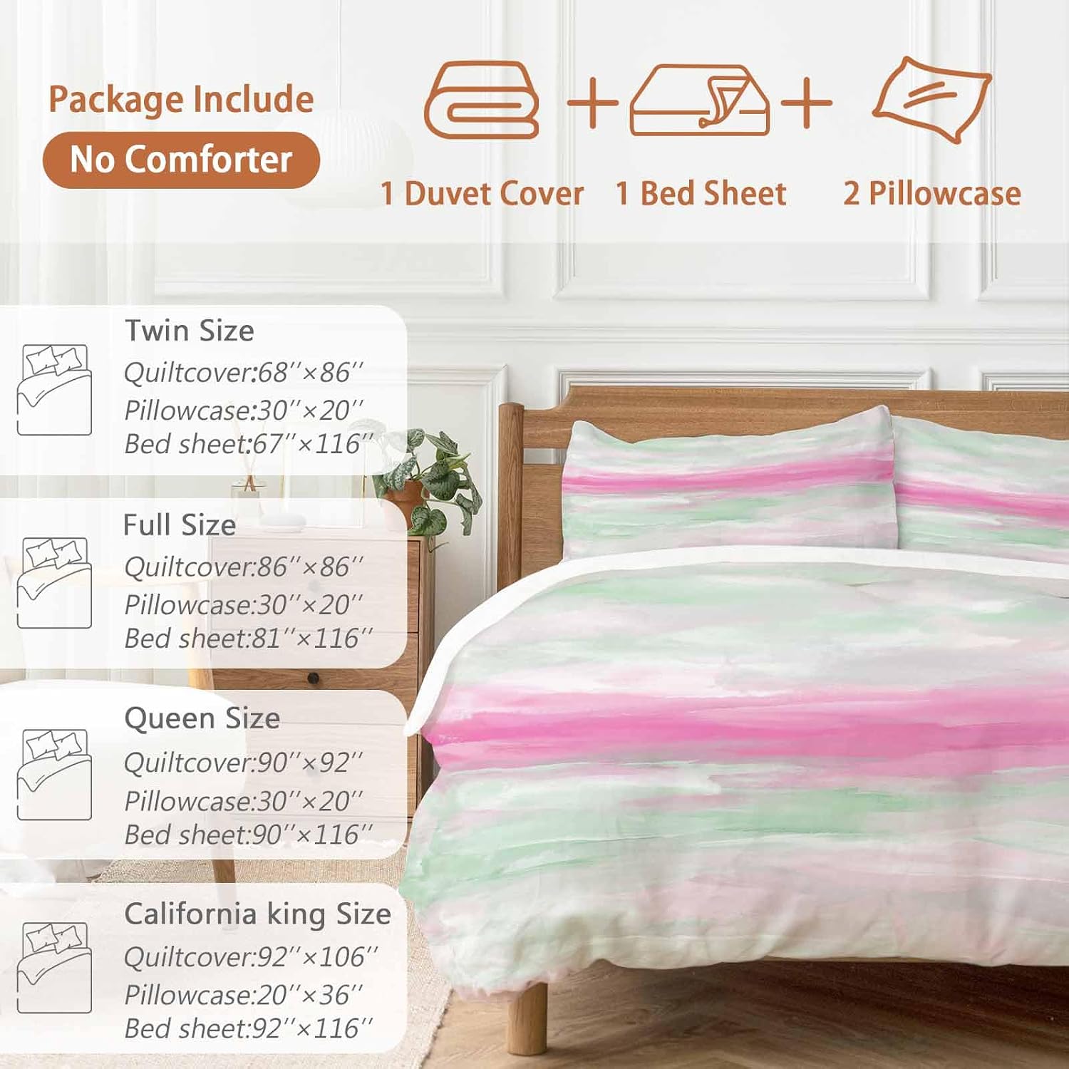Abstract Sunset Duvet Cover Set Queen Size 4 Pieces Pink Green White Gradient Modern Oil Painting Bedding Set with Zipper Closure, 1 Comforter Cover 90x92 Inches 1 Flat Sheet & 2 Pillow Cases