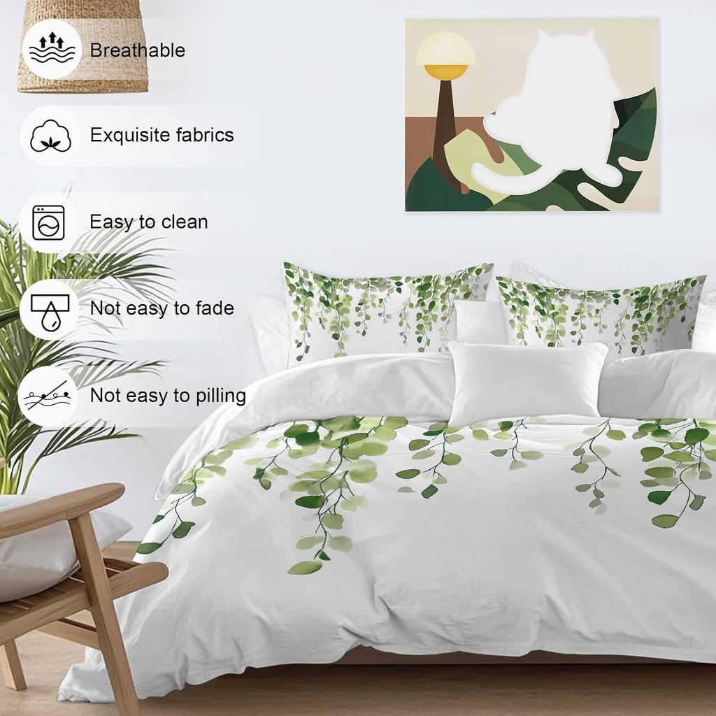 Spring Duvet Cover Set Queen Size 4 Pieces Watercolor Green Eucalyptus Leaves Botanical Plant Bedding Set with Zipper Closure, 1 Comforter Cover 92x106 Inches 1 Flat Sheet & 2 Pillow Cases