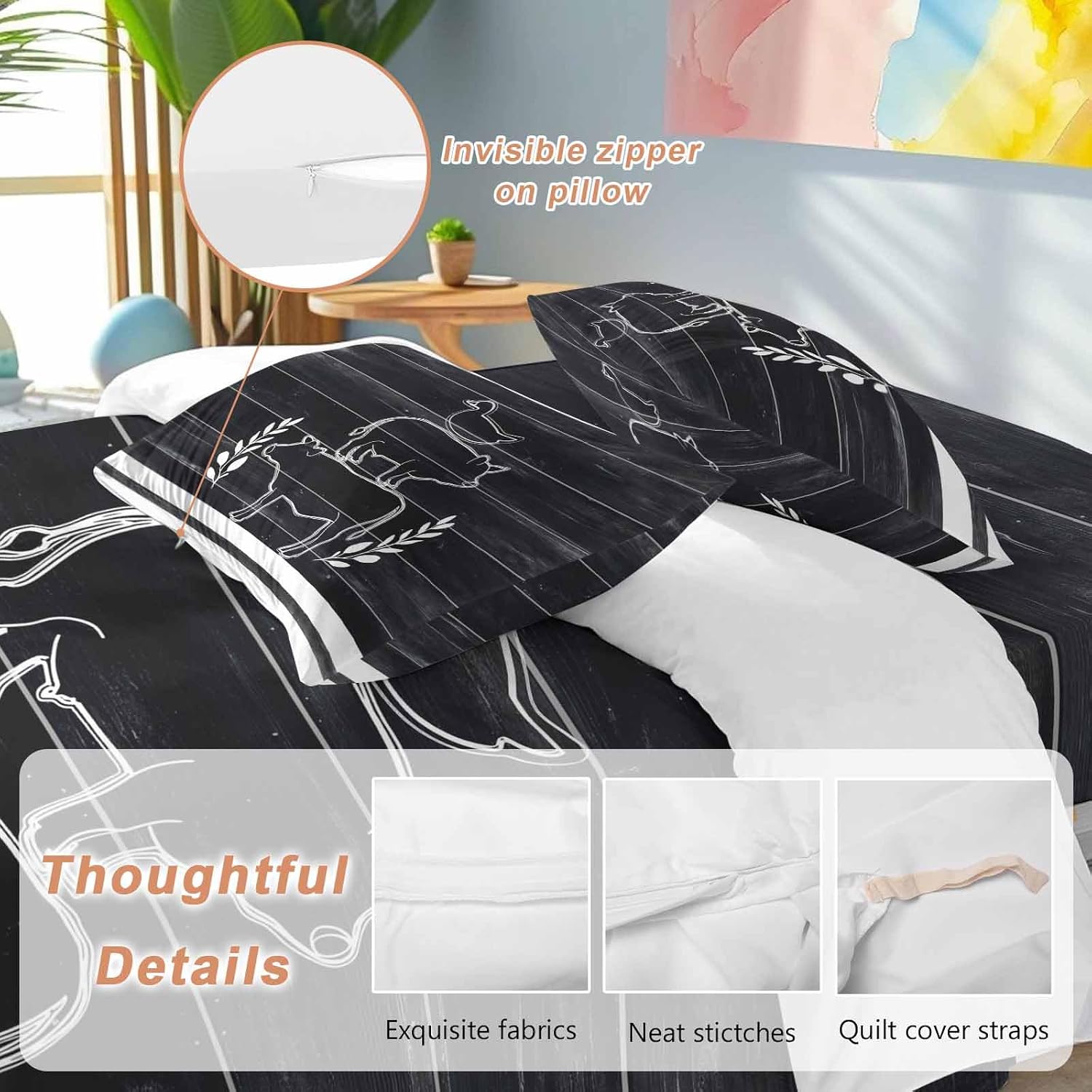 Farm Animals Duvet Cover Set Queen Size 4 Pieces Farmhouse Black Gray Cow Pig Duck Black Wood Grain Bedding Set with Zipper Closure, 1 Comforter Cover 86x86 Inches 1 Flat Sheet & 2 Pillow Cases