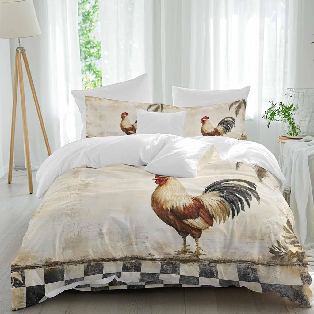 Rooster Chicken Duvet Cover Set Queen Size 4 Pieces Black Plaid Watercolor Vintage Texture Farm Bedding Set with Zipper Closure, 1 Comforter Cover 90x92 Inches 1 Flat Sheet & 2 Pillow Cases