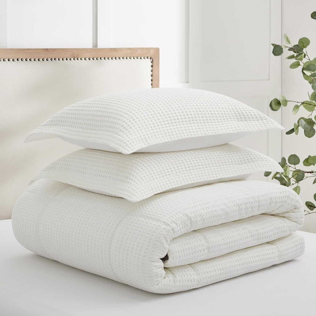 Levtex Home Mills Waffle Full/Queen Comforter Set (90x94in) with 2 Pillow Shams (26x20in) - Cream - 100% Cotton Full/Queen Size Comforter Set - Soft, Pre-Washed