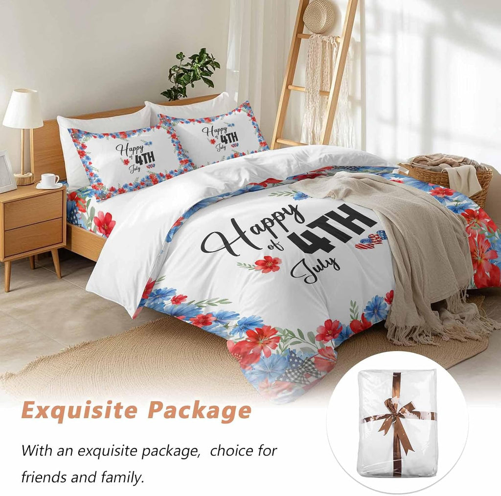 Prime Leader Happy of 4th July Duvet Cover Set Queen Size 4 Pieces Rustic Red Blue Floral Heart Bedding Set with Zipper Closure, 1 Comforter Cover 86x86 Inches 1 Flat Sheet & 2 Pillow Cases