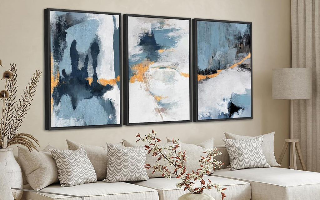 Large Framed Abstract Wall Art - Natural Framed Canvas Pictures for Living Room Modern Canvas Prints Grey Blue for Bedroom, Black Float Frame Art for Home Office Kitchen Decor 24' X 36' X 3pcs