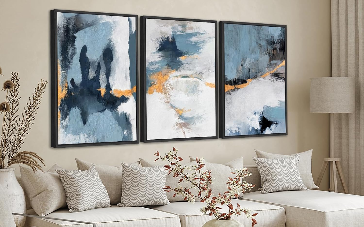 Large Framed Abstract Wall Art - Natural Framed Canvas Pictures for Living Room Modern Canvas Prints Grey Blue for Bedroom, Black Float Frame Art for Home Office Kitchen Decor 24' X 36' X 3pcs