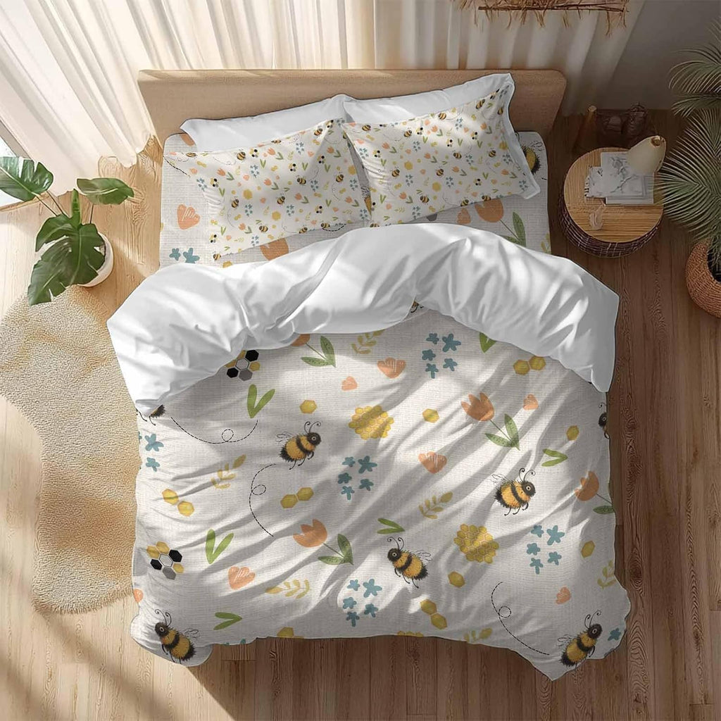 Spring Duvet Cover Set Queen Size 4 Pieces Cartoon Flower Farm Plants Watercolor Bee Yellow Honey Retro Bedding Set with Zipper Closure, 1 Comforter Cover 90x92 Inches 1 Flat Sheet & 2 Pillow Cases