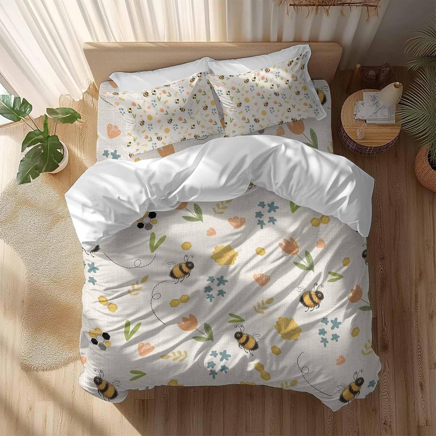 Spring Duvet Cover Set Queen Size 4 Pieces Cartoon Flower Farm Plants Watercolor Bee Yellow Honey Retro Bedding Set with Zipper Closure, 1 Comforter Cover 90x92 Inches 1 Flat Sheet & 2 Pillow Cases