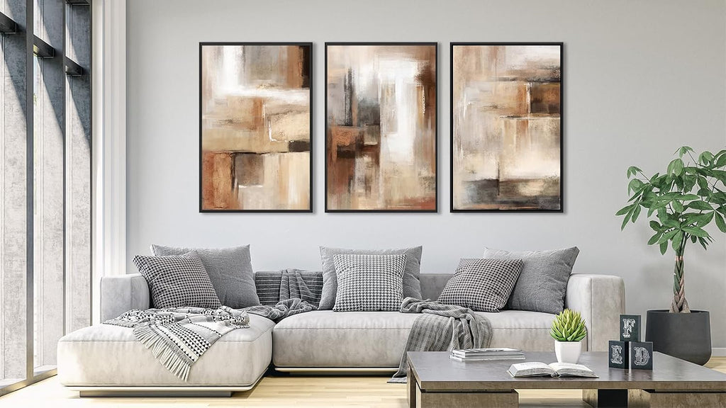 ASDCEUTICALS Large Canvas Wall Art - Brown and Beige Abstract Pictures for Living Room Vintage Wall Decor Retro Rustic Paintings Black Float Framed for Bedroom Dinning Room 20' X 28' X 3 pcs