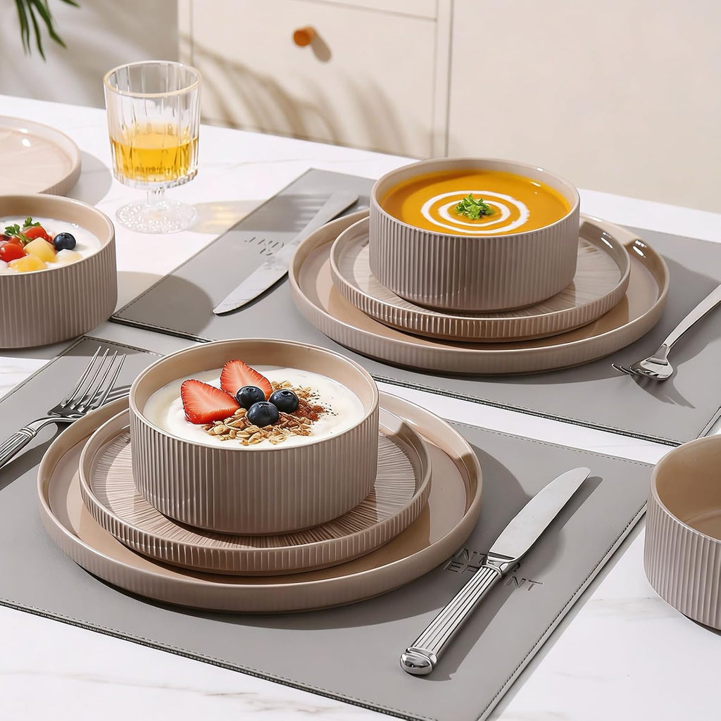Dinnerware Sets, Ceramic Plates and Bowls Set 24 Piece Dinnerware for 8 Chip Resistant Stoneware with Advanced Inkjet Printing Technology, Dishwasher and Microwave Safe-Dusty Brown