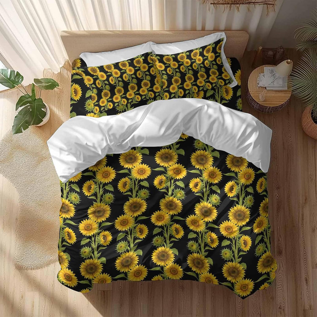 Prime Leader Retro Sunflowers Duvet Cover Set Queen Size 4 Pieces Summer Yellow Floral Black Background Bedding Set with Zipper Closure, 1 Comforter Cover 86x86 Inches 1 Flat Sheet & 2 Pillow Cases