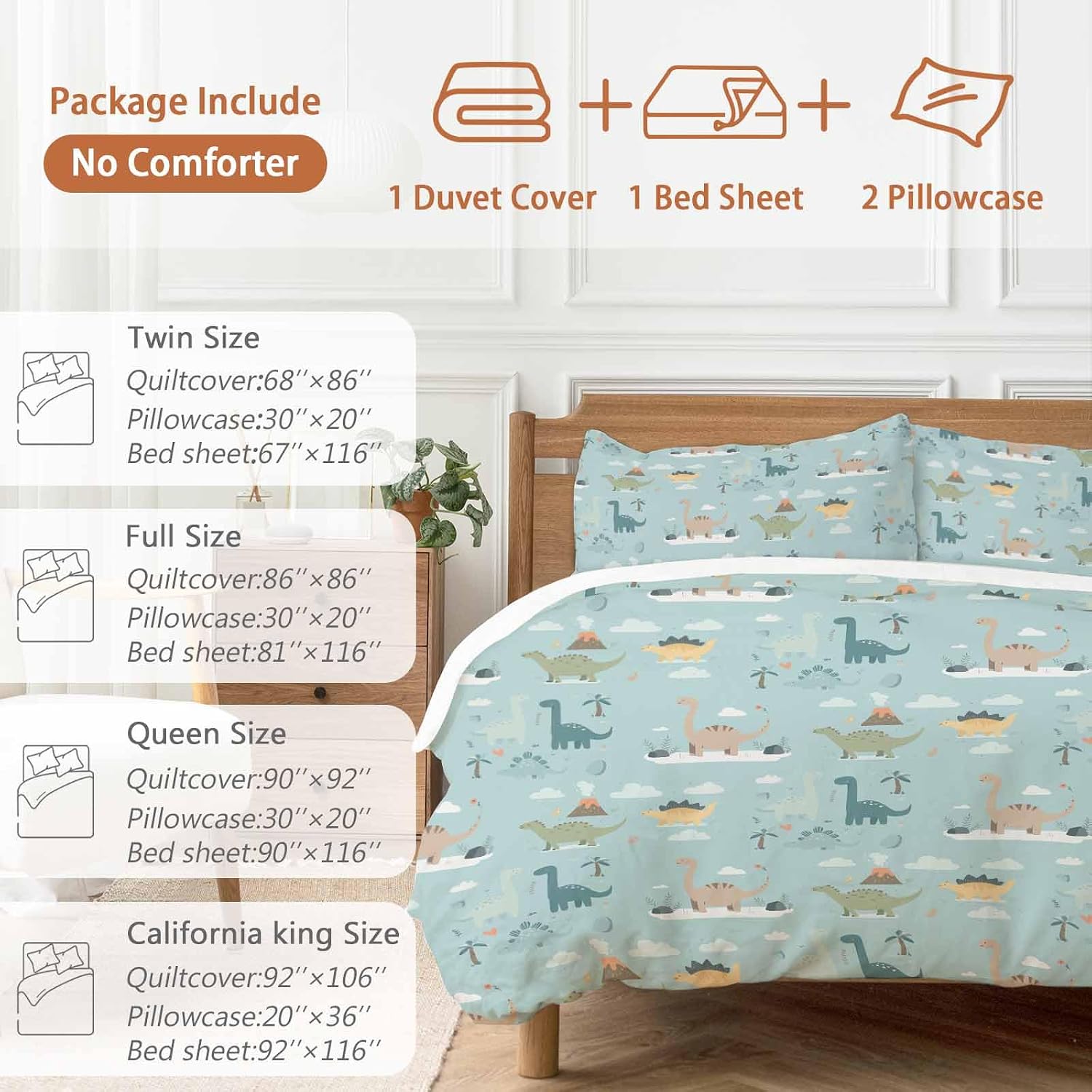Green Cute Dinosaurs Duvet Cover Set Queen Size 4 Pieces Lovely Colorful Cartoon Animals Tree Cloud Bedding Set with Zipper Closure, 1 Comforter Cover 90x92 Inches 1 Flat Sheet & 2 Pillow Cases